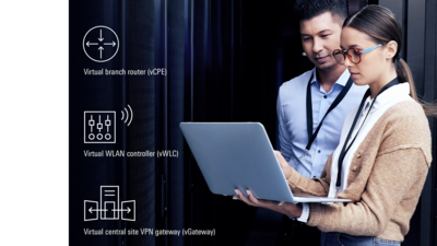 Two employees look at a laptop, icons of the vCPEs, vWLCs and vGateways are shown next to it