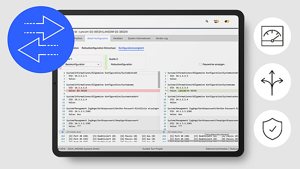 Screenshot der R&S®LANCOM Management Cloud mit den Einstellungsmöglichkeiten beim Konfigurationsvergleich sowie 4 Icons für Komfort, Flexibilität und Sicherheit