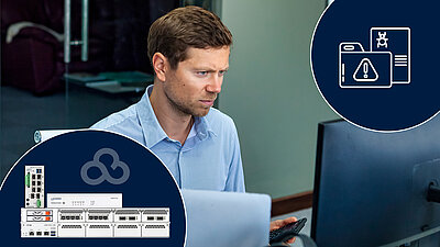 A man looks anxiously at a screen; the R&S®LANCOM Unified Firewalls and the R&S®LANCOM Management Cloud logo can be seen at the bottom left, and an icon for SIEM is shown in a blue circle at the top right