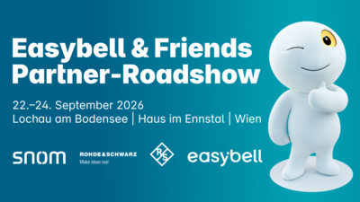 Graphic for the Easybell & Friends Partner Roadshow with dates, three locations, and a mascot giving a thumbs-up