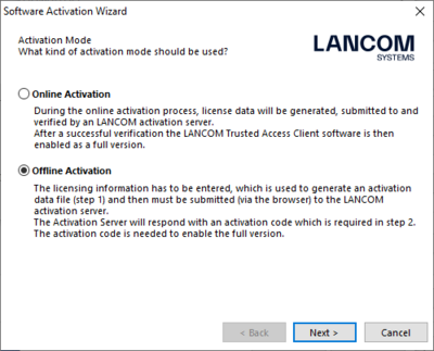 Screenshot of the offline activation of the R&S®LANCOM Advanced VPN Client