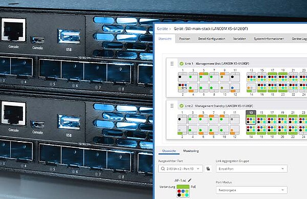 Collage von R&S®LANCOM Switches und Screenshot der R&S®LMC zur Stacking-Funktion