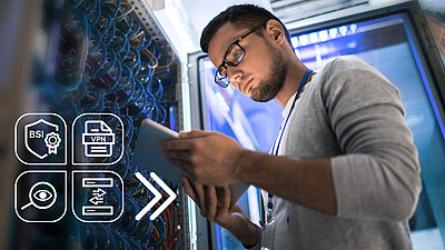 IT technician checks server with tablet, feature icons for integrated network security displayed next to it