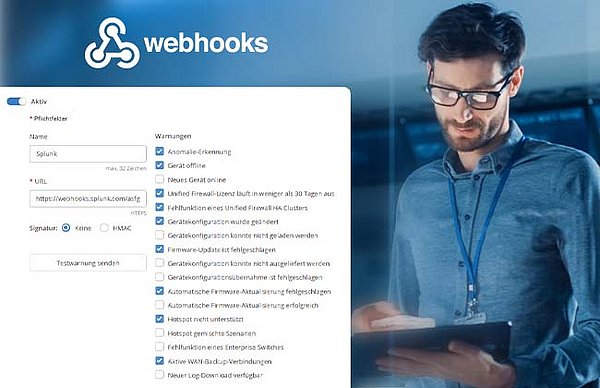 Mann schaut auf ein Tablet, Einblendung des Webhook-Logos und Screenshot der Webhooks in der R&S®LMC