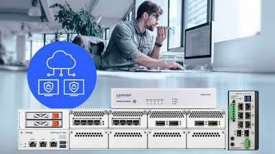 Collage of R&S®LANCOM Unified Firewalls including icon for secure edge computing