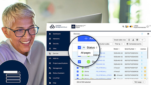 Image showing a smiling woman, a R&S®LANCOM Management Cloud screenshot of the device table with focus on the “All Pages” button, and an icon in the left corner to visualize the button