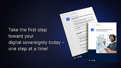 R&S Networks and Cybersecurity checklist for digital sovereignty with a smiling man at a laptop, dark blue background with advertising text: “Take the first step towards your digital sovereignty today - one step at a time!”