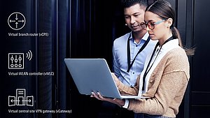 Two employees look at a laptop, icons of the vCPEs, vWLCs and vGateways are shown next to it