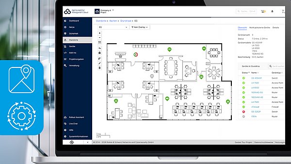 Abbildung zwei blauer icon: Floorplans und Icon für Management sowie Screen der Grundrissübersicht in der R&S®LMC
