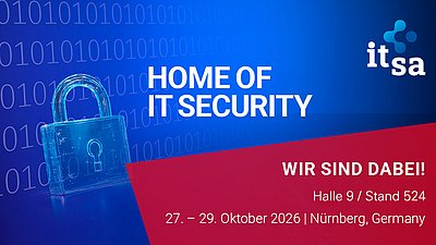 Grafik zur IT-Sicherheitsmesse it-sa mit Schloss, Binärcode und Messeinformationen für Nürnberg 2026.