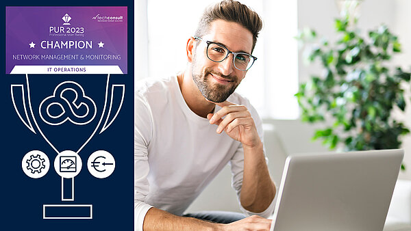Mann vor Laptop schaut in die Kamera, links ist der PUR-Award inklusive passender Icons