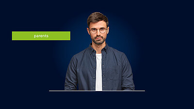 Serious father with beard and glasses on dark blue background with green "Parents" lettering