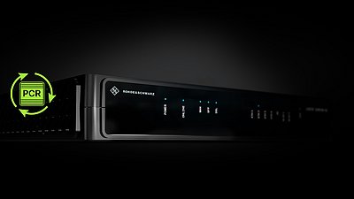Black CPE housing from R&S Networks and Cybersecurity on a black background with a green icon containing PCR.