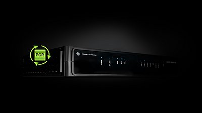 Black CPE housing from R&S Networks and Cybersecurity on a black background with a green icon containing PCR.