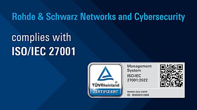 Graphic showing Rohde & Schwarz Networks and Cybersecurity meeting ISO/IEC 27001 with TÜV certificate.