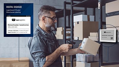 Warehouse worker scans a package near shelves with digital labels and boxes.
