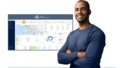 Man with folded arms in front of a screenshot from the R&S®LANCOM Management Cloud (R&S®LMC)