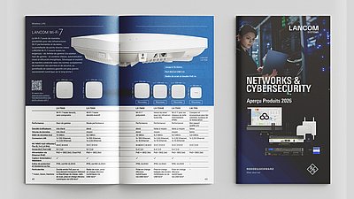 Brochure de présentation des produits une fois ouverte et une fois avec la page de couverture