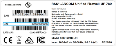 Label of a R&S®LANCOM Unified Firewall with blue marking of the serial number