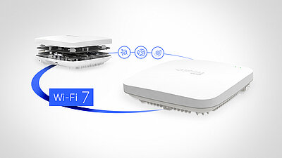 Presentation of two R&S®LANCOM Wi-Fi 7 access points with housing and inner components as well as Wi-Fi 7 icons