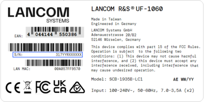 Label of a R&S®LANCOM Unified Firewall with blue marking of the serial number