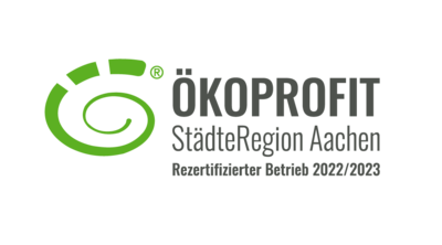 Logo von ÖKOPROFIT StädteRegion Aachen, rezertifizierter Betrieb 2022/2023