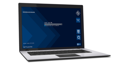 Photo of a laptop running the R&S®Trusted Disk hard disk encryption solution, with the user interface visible on the screen