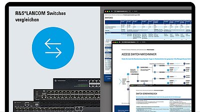 Angedeuteter Desktop mit rechts den Vergleichsdokumenten Switch-Serienvergleich, Switch-Matchmaker und Switch-Vergleichstabelle, links ist ein blauer Kreis mit zwei Pfeilen und die Produktbilder einiger Switches und dem Schriftzug "LANCOM Switches vergleichen"