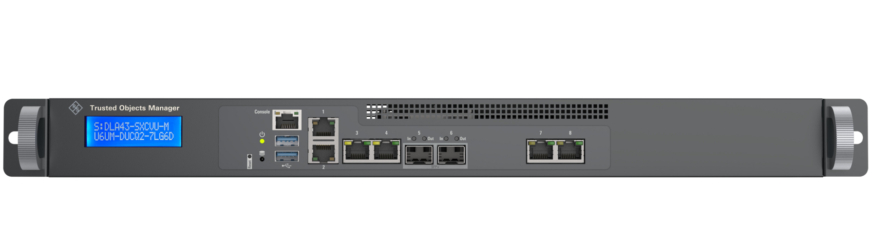 Vue de face du R&S®Trusted Objects Manager avec écran, interfaces USB, réseau et de gestion ainsi que d’autres interfaces.