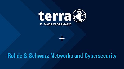 Terra logo with globe and R&S Networks and Cybersecurity on a blue geometric background