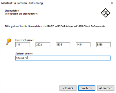 Screenshot zur Online-Aktivierung des R&S®LANCOM Advanced VPN Client