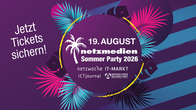 Promotional graphic for the Netzmedien Summer Party 2026 on August 19 with palm design and ‘Get your tickets now!
