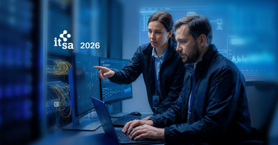 Two IT security professionals monitor computer systems in a control room, with ‘it-sa 2026’ displayed beside them.