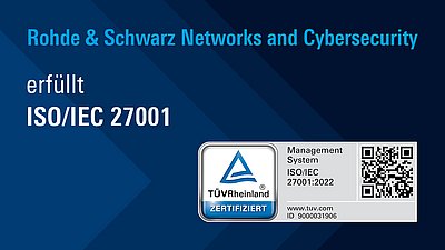 Grafik zur ISO/IEC-27001-Zertifizierung von Rohde & Schwarz Networks and Cybersecurity mit TÜV-Siegel.