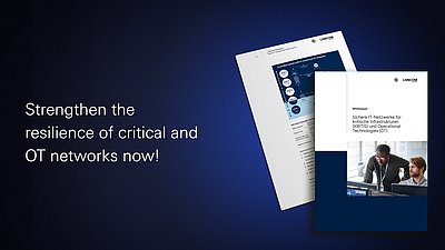Graphic teaser for the LANCOM white paper “Secure IT networks for critical infrastructure (KRITIS) and operational technology (OT).” On the left, against a dark blue background, is the text: “Strengthen the resilience of critical infrastructure and OT networks now!” On the right are the cover page of the white paper and an inside page displayed behind it, featuring a technical architecture diagram.