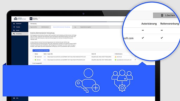 Abbildung Screen mit R&S®LMC Benutzeroberfläche, zwei Icons symbolisieren die  Rollenzuweisung und Authentifizierung 