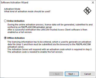 Screenshot of the offline activation of the R&S®LANCOM Advanced VPN Client