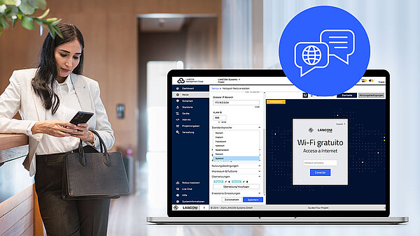 Links: Frau im Hotel am Handy, Rechts: Screenshot des Cloud-managed Hotspots in der LANCOM Management Cloud, Oben: Icon mit zwei Sprechblasen und einer Weltkugel