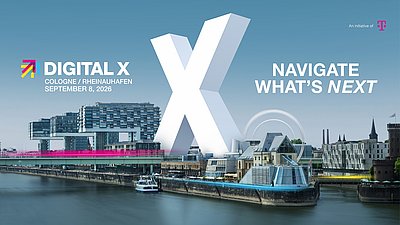 Cologne Rheinauhafen skyline with a large X and text: ‘DIGITAL X, Cologne/Rheinauhafen, September 8, 2026’ and ‘Navigate What’s Next’