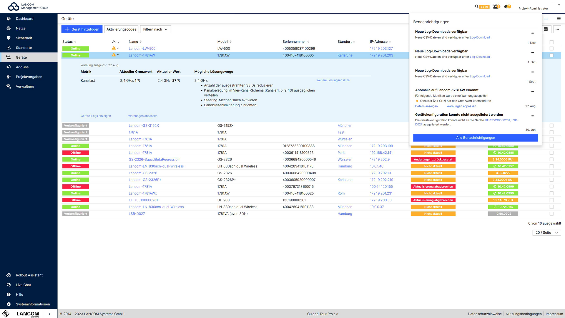 Screenshot: Troubleshooting durch Benachrichtigungen in der R&S®LMC