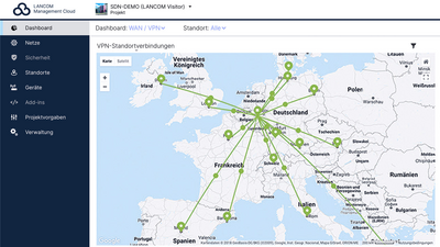 Einblick auf das Dashboard der R&S®LMC. Zu sehen ist ein Ausschnitt der Weltkarte mit Fokus auf Europa und die verschiedenen VPN-Standortverbindungen in die Welt.