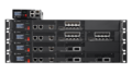 Front view of the R&S®SITLine ETH product family, showing several stacked network encryptors in different hardware variants as well as the compact R&S®SITLine ETH-S. The devices feature different port configurations for Layer 2 network encryption.