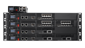 Front view of the R&S®SITLine ETH product family, showing several stacked network encryptors in different hardware variants as well as the compact R&S®SITLine ETH-S. The devices feature different port configurations for Layer 2 network encryption.
