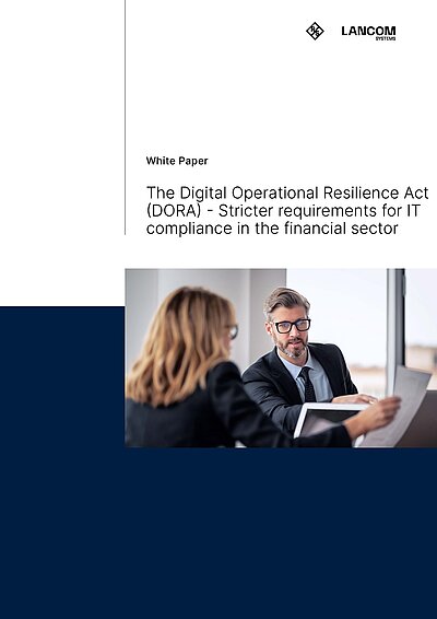 Cover image of the R&S Networks and Cybersecurity whitepaper “DORA-IT-Compliance in the financial sector”: White-dark blue background (1/2 white on top and 1/2 dark blue on bottom) with photograph of a bank consulting situation between a young woman and a middle-aged man with gray hair and glasses, as well as the title of the whitepaper and the R&S and LANCOM logo