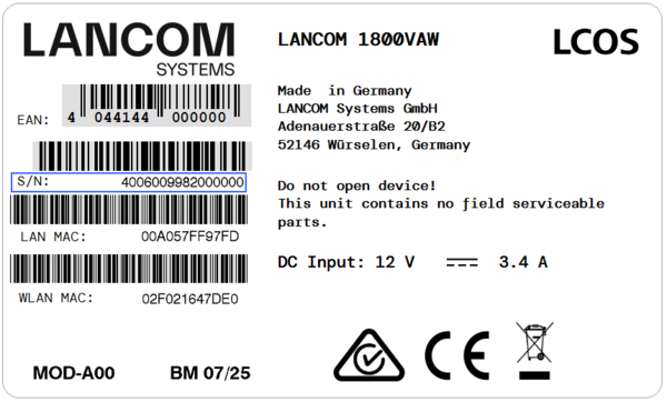 Label of a R&S®LANCOM device with blue marking of the serial number