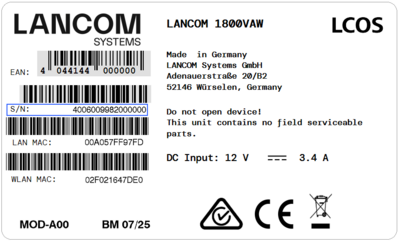 Label of a R&S®LANCOM device with blue marking of the serial number