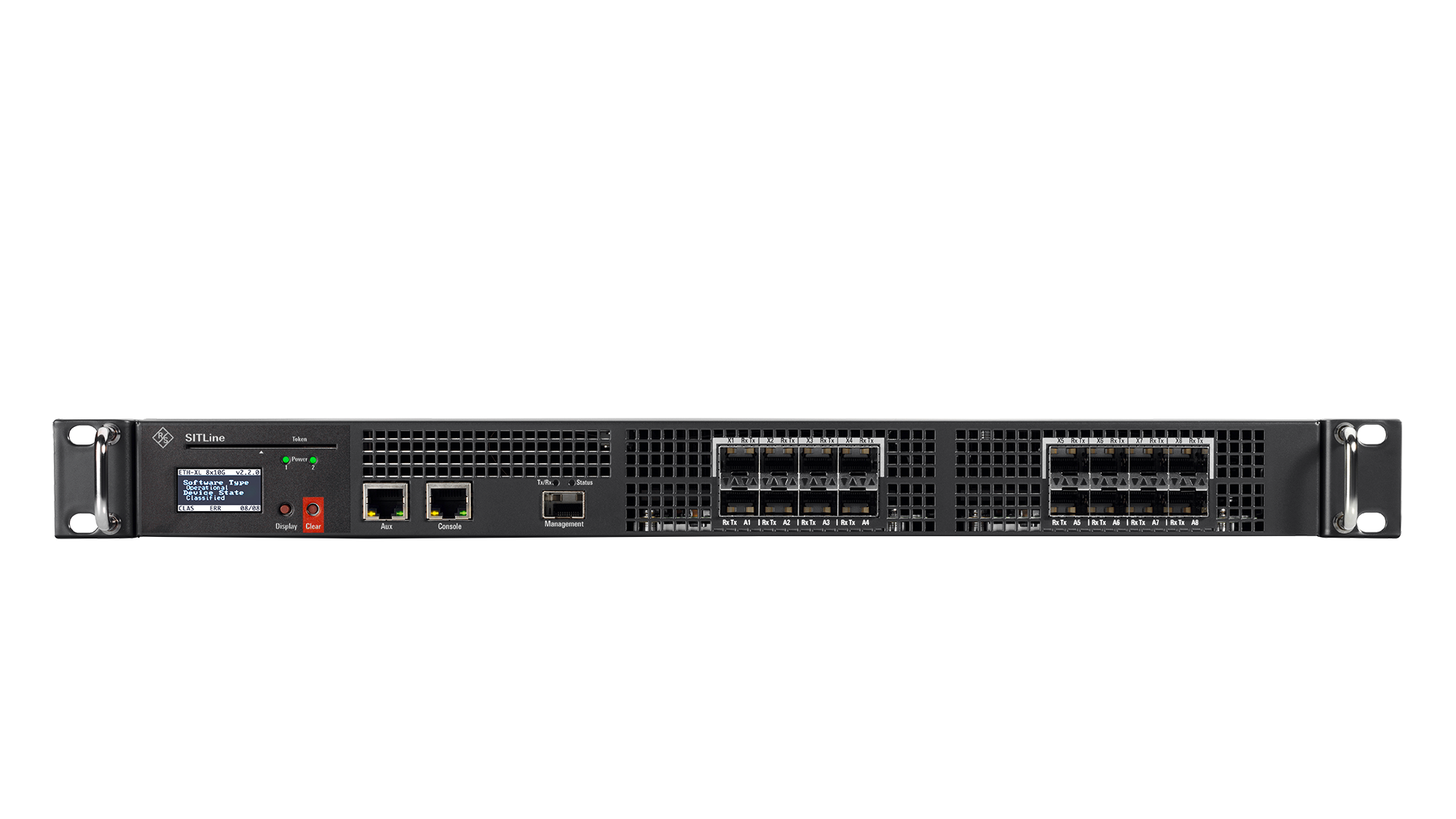 Front view of the R&S®SITLine ETH-XL network encryptor in the hardware variant with 8 × 1 or 10 Gbps. The 19-inch device features a display, controls and status indicators, management and console ports, and eight pairs of Ethernet ports for Layer 2 network encryption.