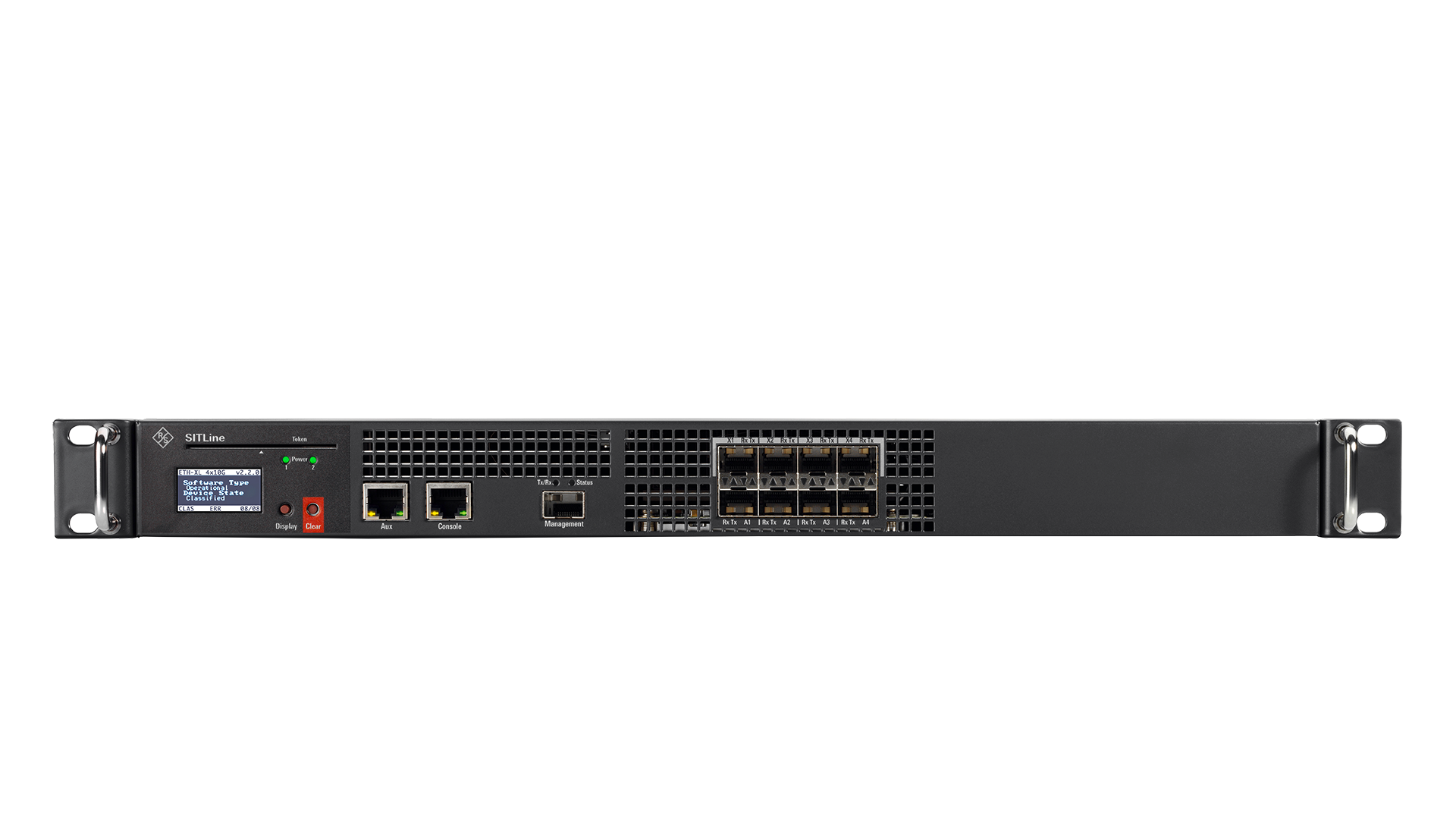 Front view of the R&S®SITLine ETH-XL network encryptor in the hardware variant with 4 × 1 or 10 Gbps. The 19-inch device features a display, controls and status indicators, management and console ports, and four pairs of Ethernet ports for Layer 2 network encryption.