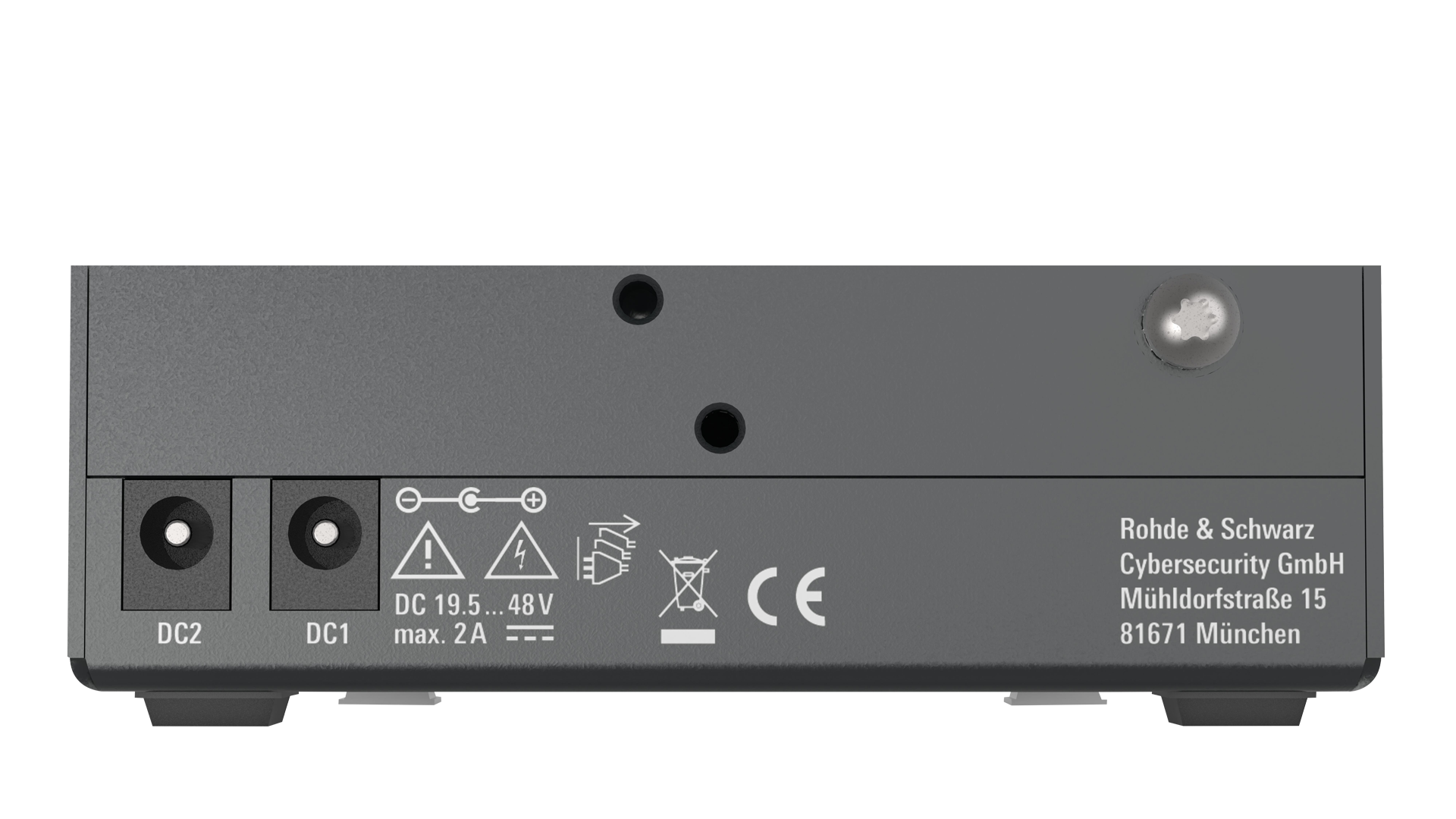 Rear view of the R&S®SITLine ETH-S network encryptor with two DC power connectors (DC1 and DC2) as well as device and safety markings.