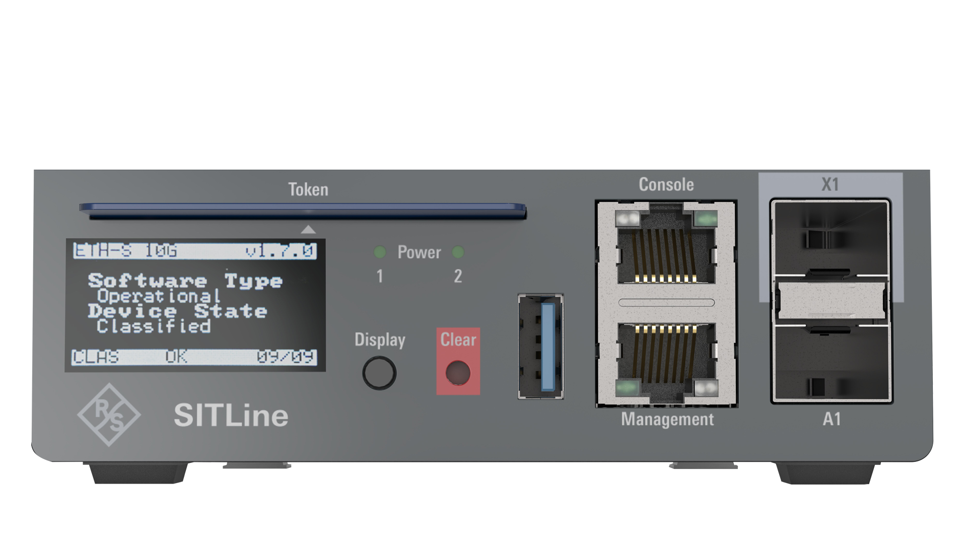 Front view of the R&S®SITLine ETH-S network encryptor with display, token interface, controls, USB port, console and management ports, and X1 and A1 interfaces.